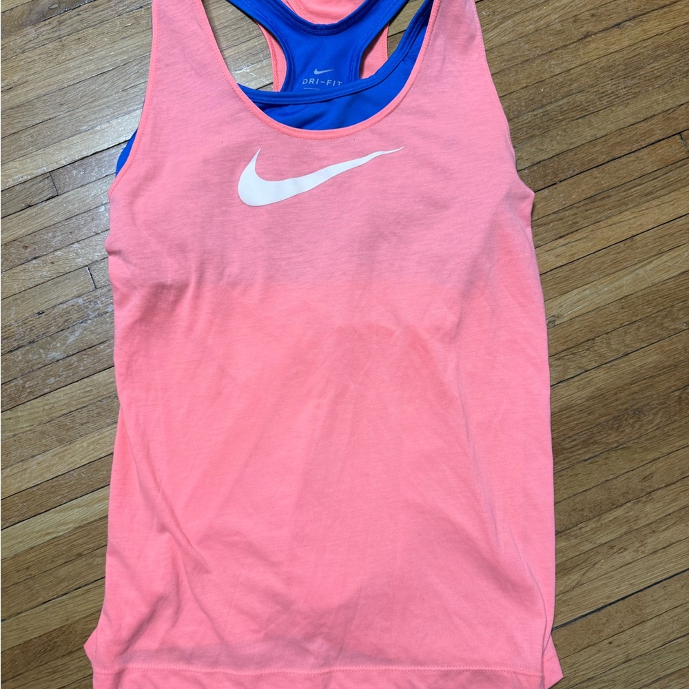 Nike Pink Racerback Tank with Blue Sports Bra Layer